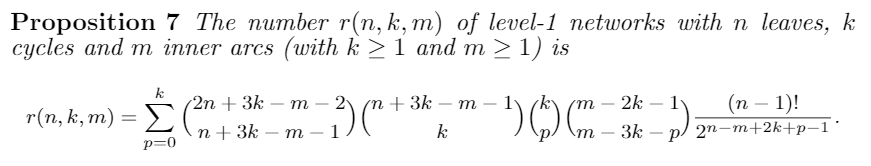 Proposition 7 with the formula for the number of rooted level-1 networks with <i>n</i> leaves, <i>k</i> cycles and <i>m</i> internal arcs in the cycles